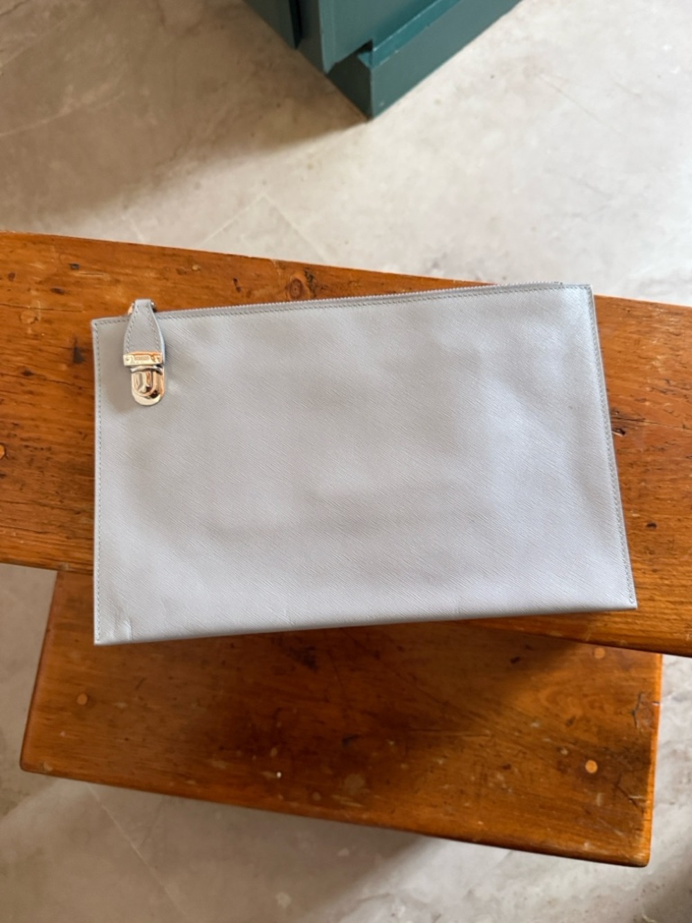 Prada Light Gray Leather Wristlet Clutch with Silver Hardware